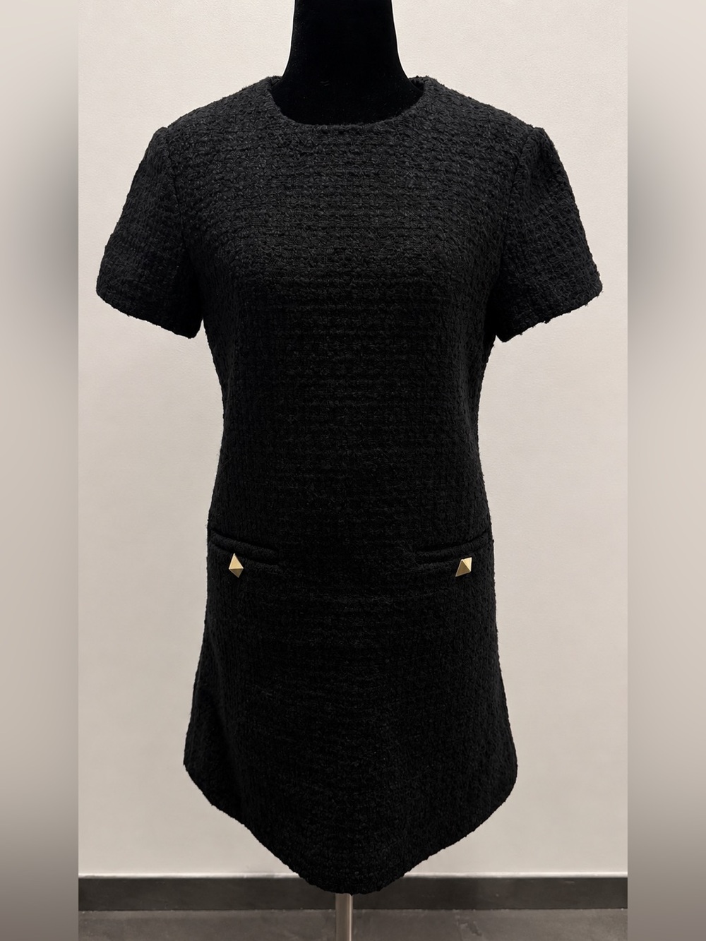 Black Bouclé Tweed Mini Dress with Gold Stud Details – Size US 4